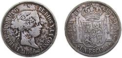 World Coins - Spain Kingdom 1866 1 Escudo - Isabel II Silver (.900) Madrid Mint 12.78g VF KM 626.1