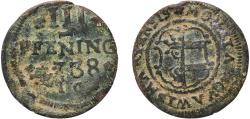 World Coins - Germany City of Wismar Holy Roman Empire 1738 3 Pfennigs - Fredrik I Copper Wismar Mint 2.18g VF AAJ 83
