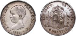 World Coins - Spain Kingdom 1890 *18-90 MPM 5 Pesetas - Alfonso XIII (1st portrait) Silver (.900) Madrid Mint (4275258) 25g VF KM 689