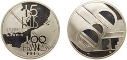 World Coins - France Fifth Republic 1994 15 ECUs / 100 Francs (Channel Tunnel) Silver (.900) (20000) 22.2g PF KM 1060