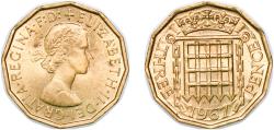 World Coins - Great Britain United Kingdom 1967 3 Pence - Elizabeth II (1st portrait; without 'BRITT:OMN') Nickel brass (79% Cu, 20% Zn, 1% Ni) (151780800) 6.86g BU KM 900 Sp 4153