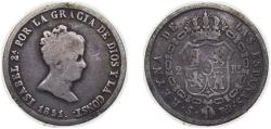 World Coins - Spain Kingdom 1851 S RD 2 Reales - Isabel II (1st portrait,2nd type) Silver (.812) Seville Mint 2.4g VF KM 526.2
