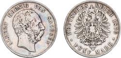World Coins - Germany Kingdom of Saxony Second Empire 1876 E 5 Mark - Albert Silver (.900) Muldenhütten Mint (635000) 27.41g XF  KM 1237 J 122 Dav GT III 900