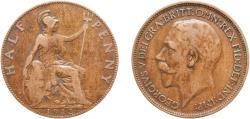 World Coins - Great Britain United Kingdom Kingdom 1917 ½ Penny - George V (1st portrait) Bronze (.950 Cu, .040 Sn, .015 Zn) Royal Mint (Tower Hill) (38245400) 5.62g VF  KM 809 Sp 4056