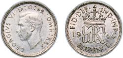 World Coins - Great Britain Kingdom 1944 6 Pence - George VI (1st coinage) Silver (.500) Royal Mint (Tower Hill) (37952600) 2.82g UNC KM 852 Sp 4084