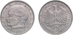 World Coins - Germany Federal Republic of Germany 1966 F 2 Deutsche Mark (Max Planck) Copper-nickel (75% Copper, 25% Nickel) Staatliche Münze Baden-Württemberg Mint (3750000) 7g UNC KM 116 J 39