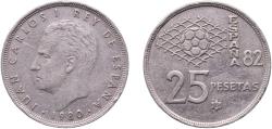 World Coins - Spain Kingdom 1980 25 Pesetas - Juan Carlos I (España '82) Copper-nickel (75% copper, 25% nickel) Royal Mint of Spain (100000000) 8.51g VF  KM 818 Schön 48