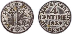 World Coins - Switzerland Canton of Geneva Swiss cantons 1839 4 Centimes Billon 2.1g AU KM 127 KM 127a HMZ 1 2-368a