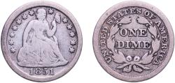 Us Coins - United States Federal republic 1851 1 Dime "Seated Liberty Dime" (with stars, no arrows) Silver (.900) (.100 copper) Philadelphia Mint (1026500) 2.55g VF PCGS 4595 PCGS 4738 PCGS