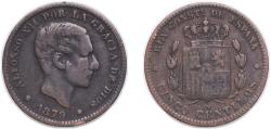 World Coins - Spain Kingdom 1879 OM 5 Centimos - Alfonso XII Bronze (95% copper, 4% tin, 1% zinc) Casa de la Moneda de Barcelona, La Seca (54994000) 4.64g VF KM 674 Cal 70