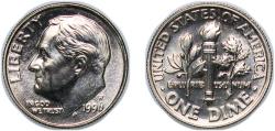 Us Coins - United States Federal republic 1996 W 1 Dime "Roosevelt Dime" Copper-nickel clad copper (91.67% Copper, 8.33% Nickel) (1457000) 2.2g BU KM 195a Schön 197a