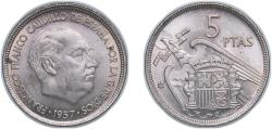 World Coins - Spain Nationalist Government 1957 *68 5 Pesetas - Francisco Franco (Copper-nickel) Copper-nickel (75% copper, 25% nickel) Royal Mint of Spain (60000000) 5.71g unc KM 786 Cal 49 Sc
