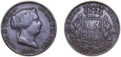 World Coins - Spain Kingdom 1861 25 Centimos de Real - Isabel II Copper Segovia Mint 10g VF KM 615 Cal 596