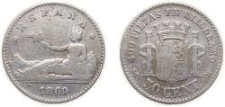 World Coins - Spain Provisional Government 1869 *6-9 SNM 50 Centimos Silver (.835) Madrid Mint (452726) 2.5g VF KM651