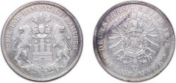 World Coins - Germany Free Hanseatic city of Hamburg German states 1875 J 5 Mark Silver (.900) Hamburgische Münze Mint (286000) 27.37g VF KM 598 J 62 Dav GT III 658