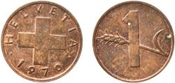 World Coins - Switzerland Federal State 1970 1 Rappen (wheat spike) Bronze (95% copper, 4% tin, 1% zinc) Bern Mint (7810000) 1.49g AU  HMZ 2 1216 Divo/Tob19 328 KM 46 Schön 41 Y 54