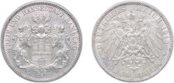 World Coins - Germany Free Hanseatic city of Hamburg German states 1913 J 3 Mark Silver (.900) (343200) 16.67g AU KM 620 J 64 AKS 46