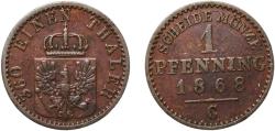 World Coins - Germany Kingdom of Prussia German states 1868 C 1 Pfenning - Wilhelm I Copper Frankfurt am Main Mint 1.46g XF  AKS 108 Old/Mue 2 426, 429, 433 KM 480 Kahnt/Schön 84 Neum 19