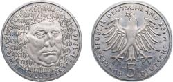 World Coins - Germany Federal Republic of Germany 1983 G 5 Deutsche Mark (Martin Luther) Copper-nickel clad nickel Staatliche Münze Baden-Württemberg Mint (8000000) 10g UNC KM 159 J 434 Schön 1
