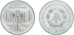 World Coins - Germany German Democratic Republic 1973 5 Mark (Otto Lilienthal) Copper-nickel (100300) 12.46g UNC  KM 43 Schön 46 J 1546 AKS 101