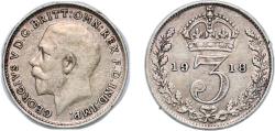 World Coins - Great Britain Kingdom 1918 3 Pence - George V (1st issue; incl. Maundy) Silver (.925) Royal Mint (Tower Hill) (20630900) 1.4g XF KM 813 Sp 4015 Sp 4018