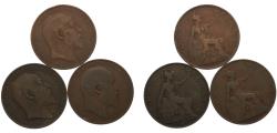 World Coins - Great Britain United Kingdom Edward VII 1 Penny 3 Lots