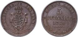 World Coins - Germany Kingdom of Saxony (Albertinian Line) German states 1869 B 5 Pfennige - John Copper Dresden Mint (860000) 7.4g XF AKS 151 Jäg 10 SW 131 KM 1218