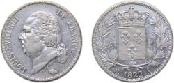 World Coins - France Kingdom 1822 A 5 Francs - Louis XVIII (bare head) Silver (.900) Paris Mint (13449273) 25g AU F309 Gad614 KM711