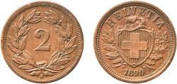 World Coins - Switzerland Federal State 1890 B 2 Rappen (Wreath; bronze; light type) Bronze (95% copper, 4% tin, 1% zinc) Bern Mint (1000000) 2.56g AU  HMZ 2 1213 Divo/Tob19 323 KM 4 Schön 16 Y