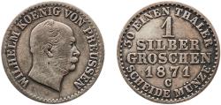 World Coins - Germany Kingdom of Prussia 1871 C 1 Silbergroschen - William I Billon (.220 silver) Berlin Mint 2.11g VF  AKS 103 Olding FR 415, 418, 421 Jaeg 9 Pr 89 KM 485 Neum 14