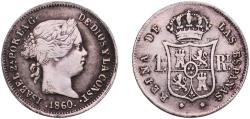 World Coins - Spain Kingdom 1860 1 Real - Isabel II Silver (.900) Barcelona Mint 1.29g XF  KM 606 Cal 401
