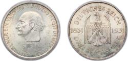 World Coins - Germany - 1871-1948 Weimar Republic 1931 A 3 Reichsmark (Freiherr vom Stein) Silver (.500) (150000) 14.96g UNC KM 73 J 348