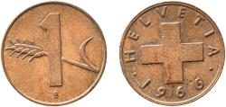 World Coins - Switzerland Federal State 1966 B 1 Rappen (wheat spike) Bronze (95% copper, 4% tin, 1% zinc) Bern Mint (5030000) 1.5g AU  HMZ 2 1216 Divo/Tob19 328 KM 46 Schön 41 Y 54
