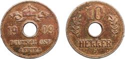 World Coins - German East Africa German colony 1909 J 10 Heller - Wilhelm II Copper-nickel Hamburg Mint (1990000) 6.05g XF Rim Damage  KM 12 Schön 10