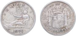 World Coins - Spain 1870 DEM 2 Pesetas - Provisional Government Silver (.835) (11879646) 9.97g VF KM 654