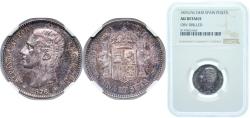 World Coins - Spain Kingdom 1876 *18-76 DEM 1 Peseta - Alfonso XII (1st portrait) Silver (.835) Madrid Mint (4427000) 5g NGC AU KM 672 Cal 54