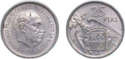 World Coins - Spain Nationalist Government 1957 *59 25 Pesetas - Francisco Franco Copper-nickel (75% copper, 25% nickel) Royal Mint of Spain (42185000) 8.54g AU KM 787 Cal 30 Schön 35