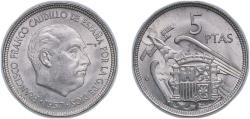 World Coins - Spain 1957 *59 5 Pesetas - Francisco Franco (Copper-nickel) Copper-nickel (107000000) 5.85g AU KM 786 Cal 49 Schön 34