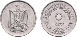 World Coins - Egypt United Arab Republic AH 1387 (1967) 5 Qirsh Copper-nickel (75% Copper & 25% Nickel) Cairo Mint (10800000) 4.48g UNC  KM 412 Schön 115 MHC 323