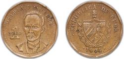 World Coins - Cuba Second Republic 1994 1 Peso Brass plated steel Havana Mint 5.47g XF KM 347 JMA 94-95 Schön B34
