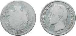 World Coins - France Second Empire 1868 A 2 Francs - Napoleon III Silver (.835) (3672479) 9.56g F Rim Damage  Franc 2014 263 Gad 1789 527 KM 807