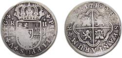 World Coins - Spain Kingdom 1719 F 2 Reales - Felipe V Silver (.833) Segovia Mint 4.5g VF KM297