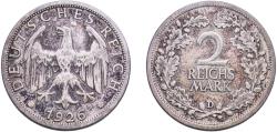 World Coins - Germany Weimar Republic 1926 D 2 Reichsmark Silver (.500) Munich Mint (11321624) 9.95g VF  KM 45 AKS 32 J 320 Schön 44