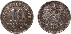 World Coins - Germany Second Empire 1917 A 10 Pfennigs - Wilhelm II (type 2 - small shield; beaded border) Zinc clad iron (Iron sheradised with zinc) Berlin Mint (53198389) 3.6g XF  KM 20 AKS 1