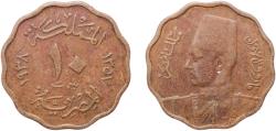 World Coins - Egypt AH 1357 (1938) 10 Milliemes - Farouk Bronze Bombay Mint 5.91g VF  KM 361 Schön 79 MHC 255