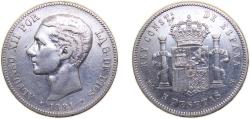 World Coins - Spain Kingdom 1881 MSM 5 Pesetas - Alfonso XII (2nd portrait) Silver (.900) Madrid Mint (699000) 25g VF KM 676 Cal 28