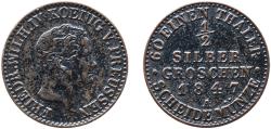 World Coins - Germany Kingdom of Prussia 1847 A ½ Silbergroschen - Frederick William IV Billon (.222 silver) Berlin Mint 1.08g XF  AKS 87 Old/Mue 2 323 Jaeg 9 Pr 65 KM 434 Schr 143-54