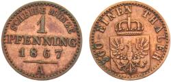 World Coins - Germany States Kingdom of Prussia Wilhelm I 1867 A 1 Pfenning 1.5g