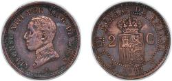 World Coins - Spain Kingdom 1912 *12 PCV 2 Centimos - Alfonso XIII (5th portrait) Bronze (95% copper, 4% tin, 1% zinc) Madrid Mint (5216000) 1.9g XF KM 732 Cal 73