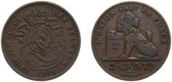 World Coins - Belgium Kingdom 1909 2 Centimes - Léopold II (French text) Copper Brussels mint 4g VF KM35.1 LABFM-10 Schön7